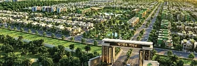 Artist's impression of Swapner Shahar with its gate and homes among the trees