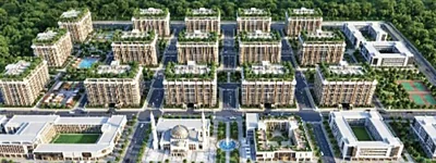 Artist's impression of the Swapno Kutir condominiums from above, with a mosque, schools and sports grounds