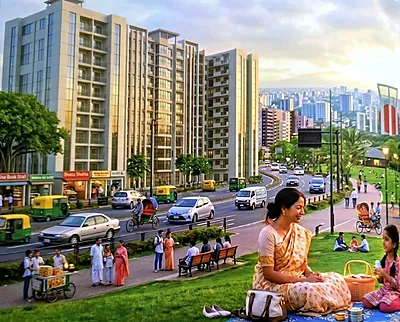 Inspiration image of a mother and daughter having a picnic on a lawn beside a tree lined avenue