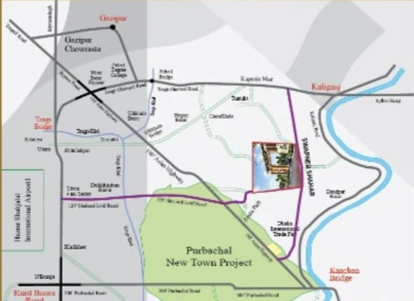 Location map from the brochure: Swapner Shahar beside Purbachal, between the airport, Kanchon Bridge and Kaliganj
