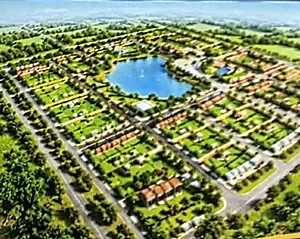 Artist's impression of the township from above, with a lake, green spaces and rows of plots